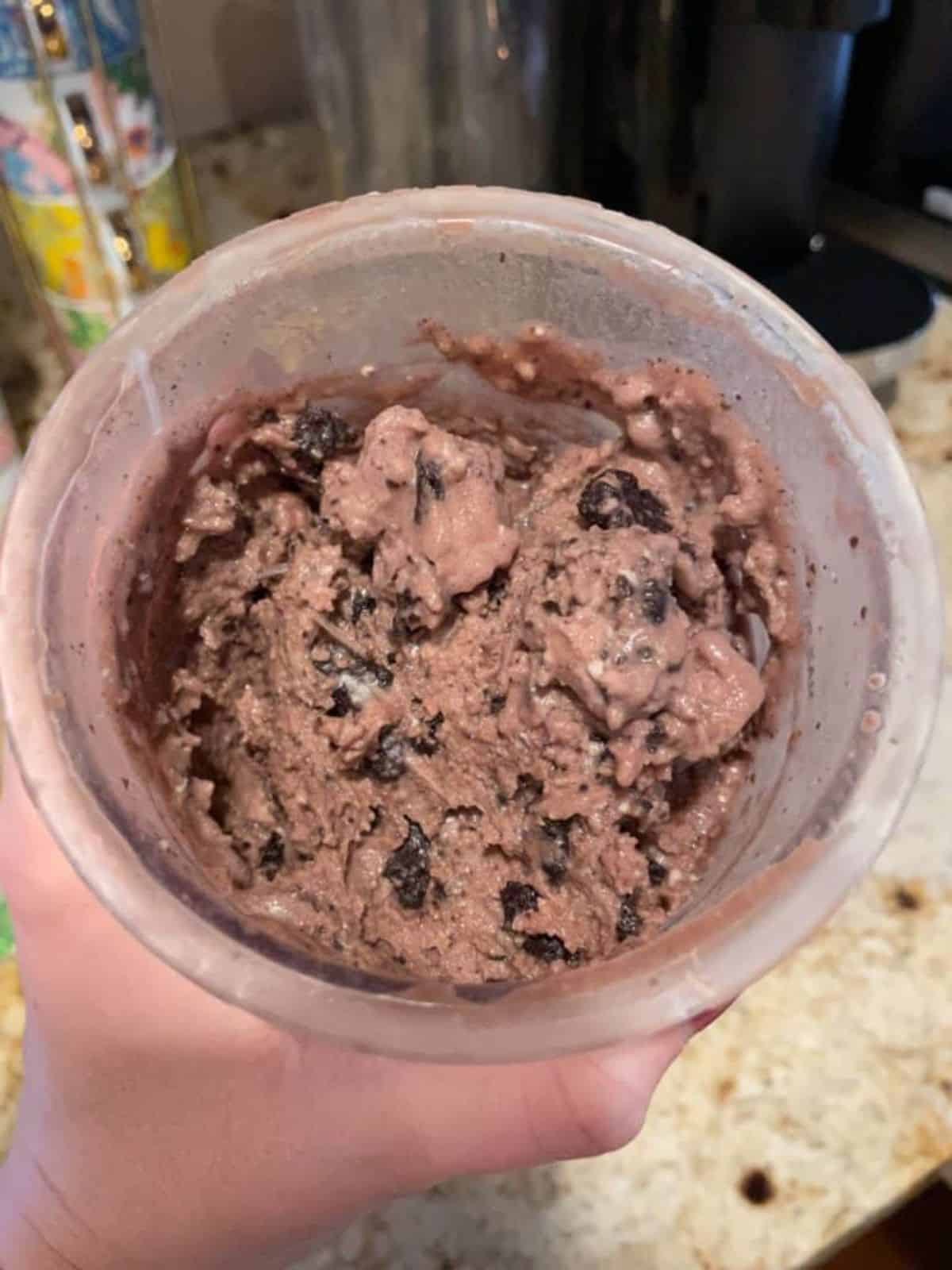 Protein Ice Cream in a plastic container held by a hand.