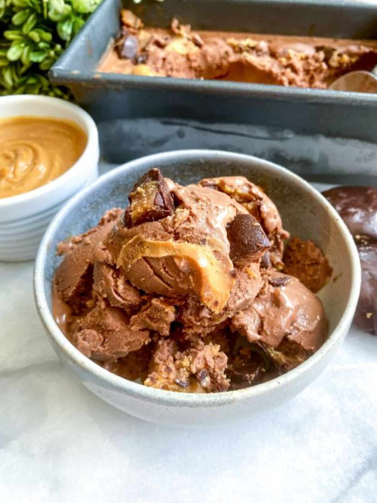 Chocolate Peanut Butter Protein Ice Cream in a gray bowl.