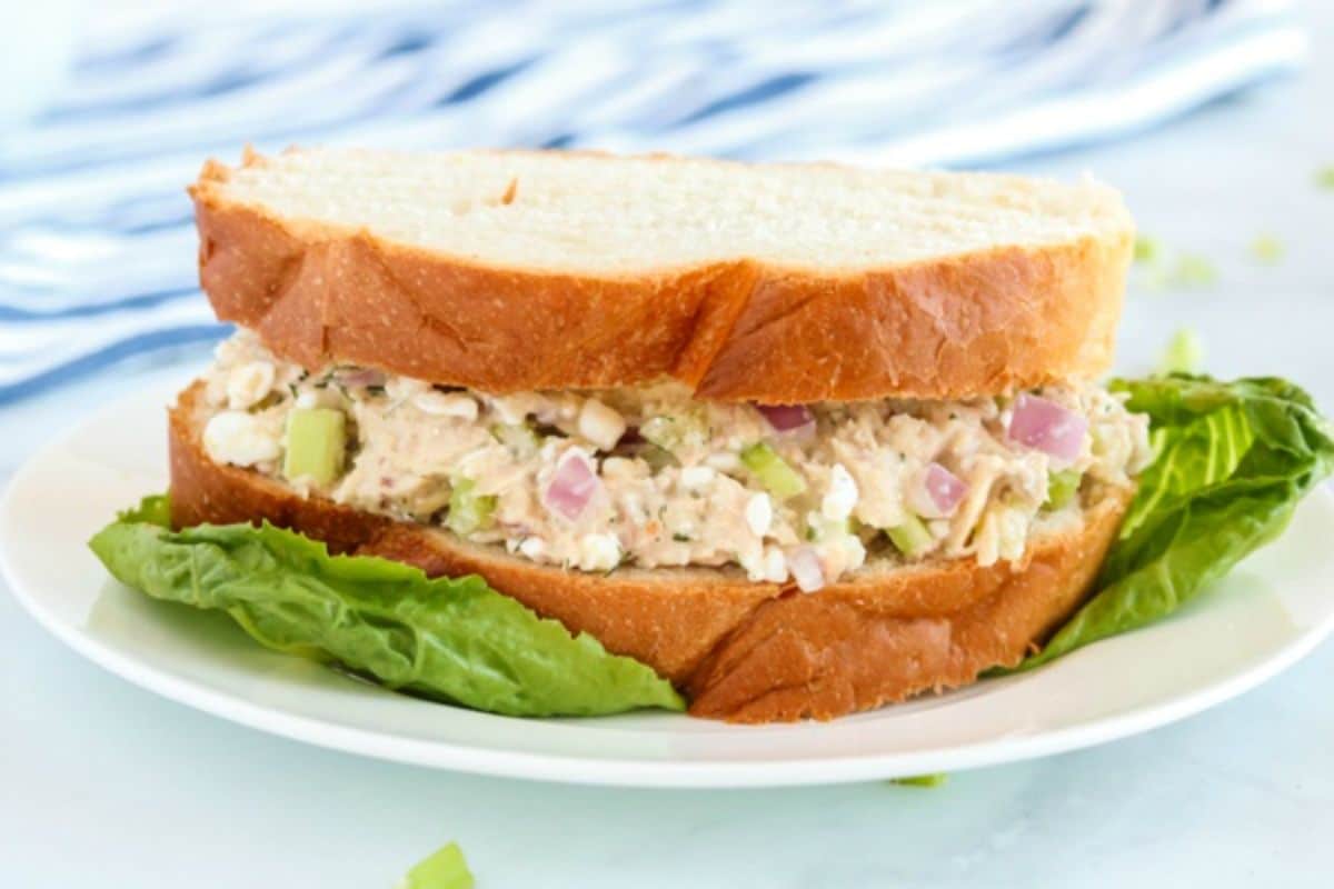 Cottage Cheese Tuna Salad sandwich on a white plate.