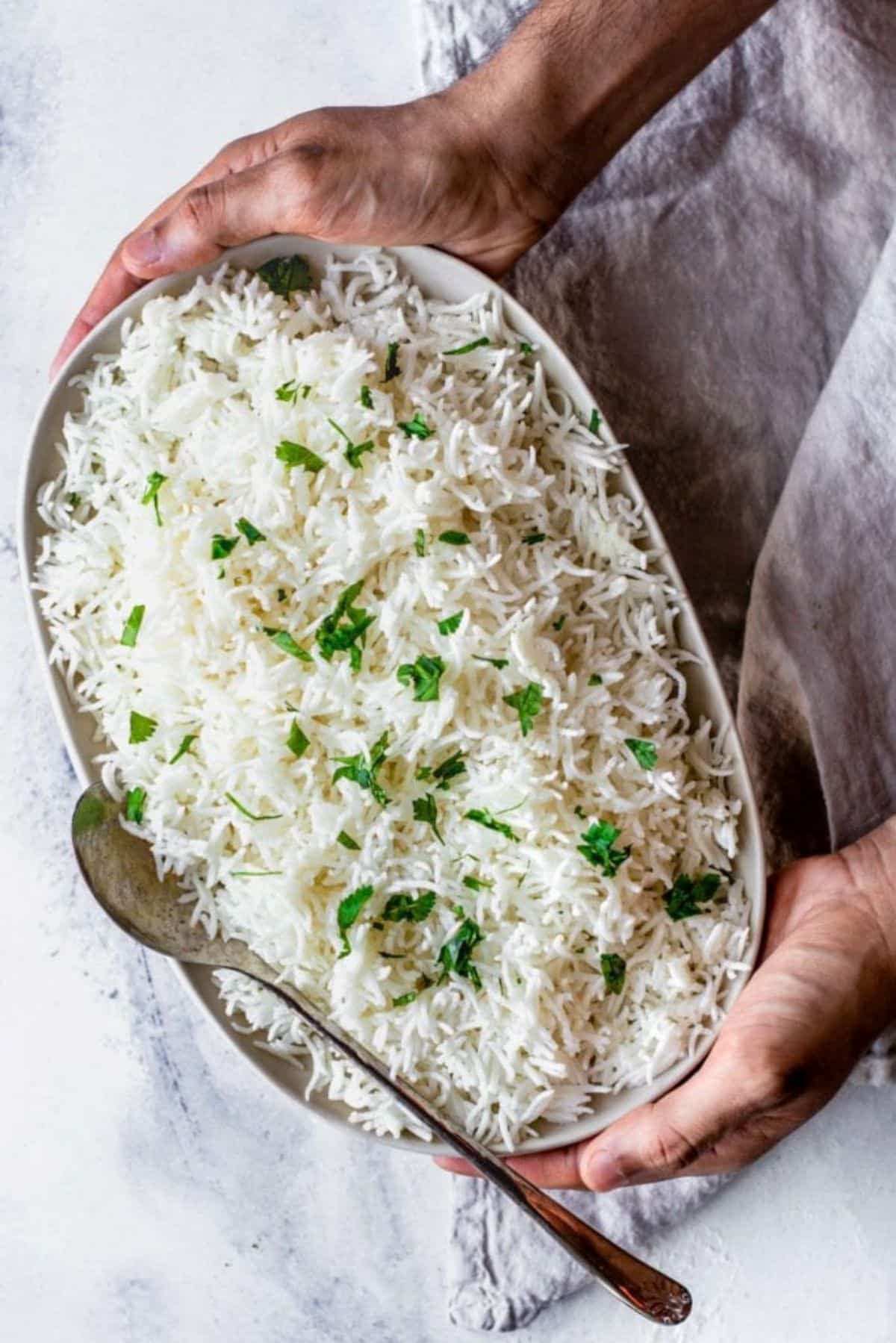 Perfect Basmati Rice in a big white bowl held by hands,