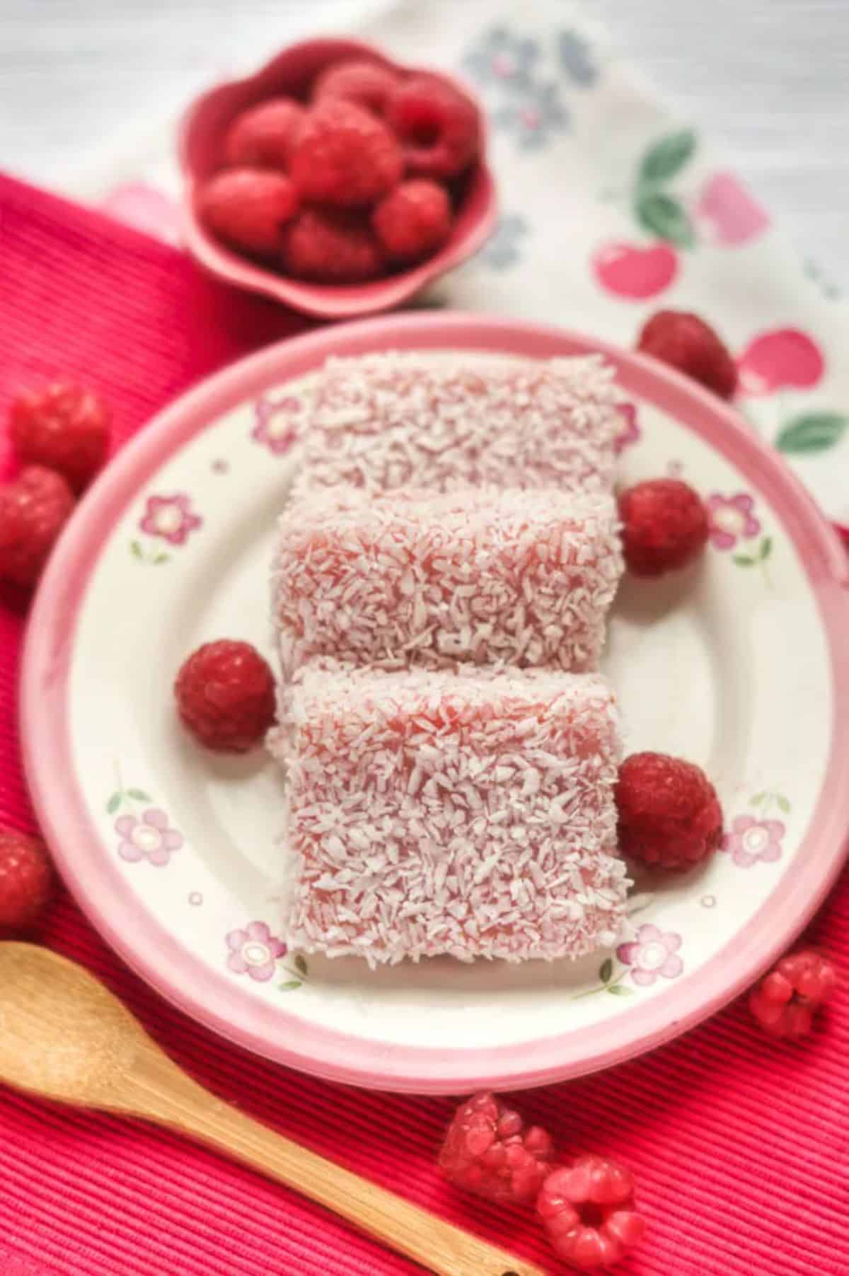 Chinese Raspberry Snowflake Cake on a small plate.
