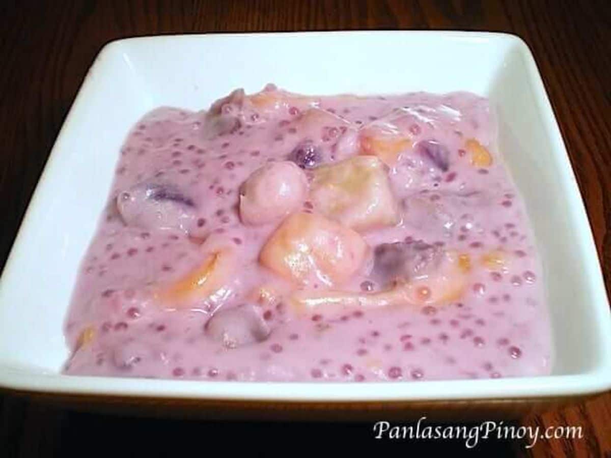 Ginataang Halo-Halo Filipino Dessert in a white bowl.