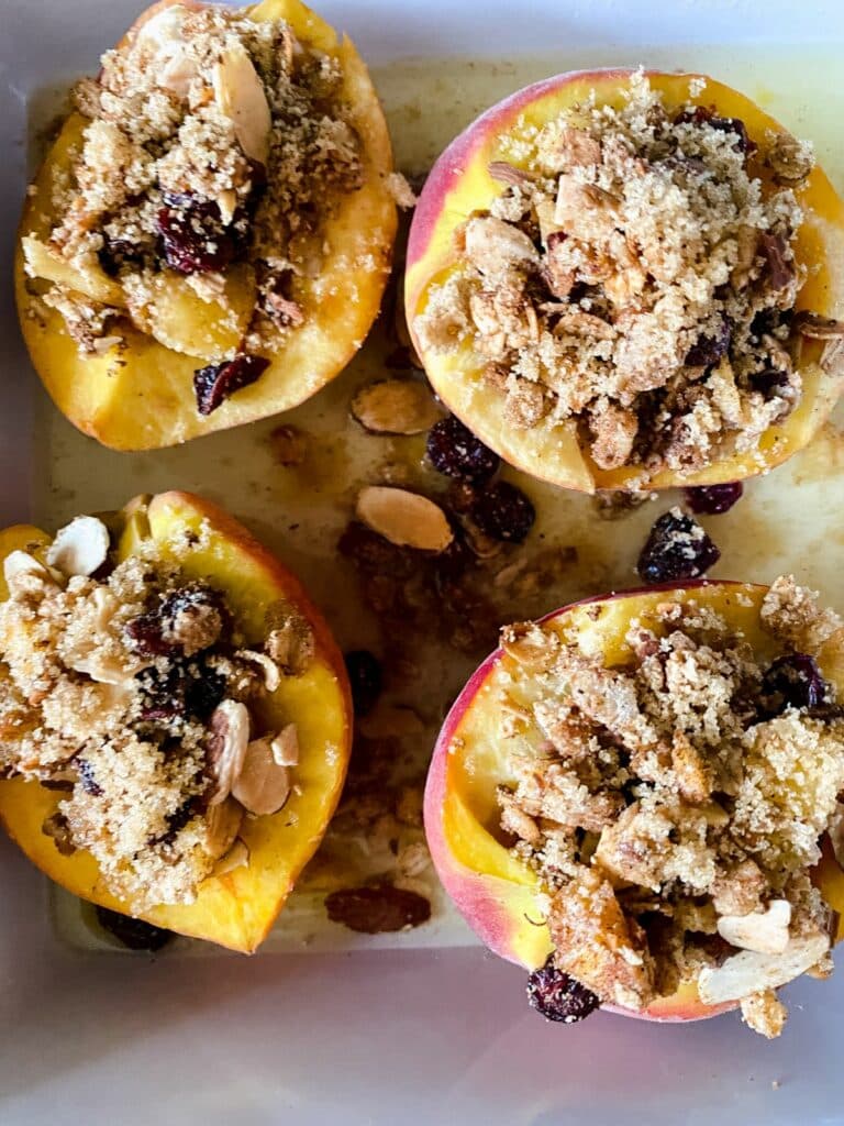 peach halves topped with crumble