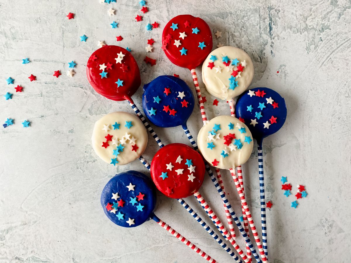 oreo cookie pops dipped in red white and blue chocolate